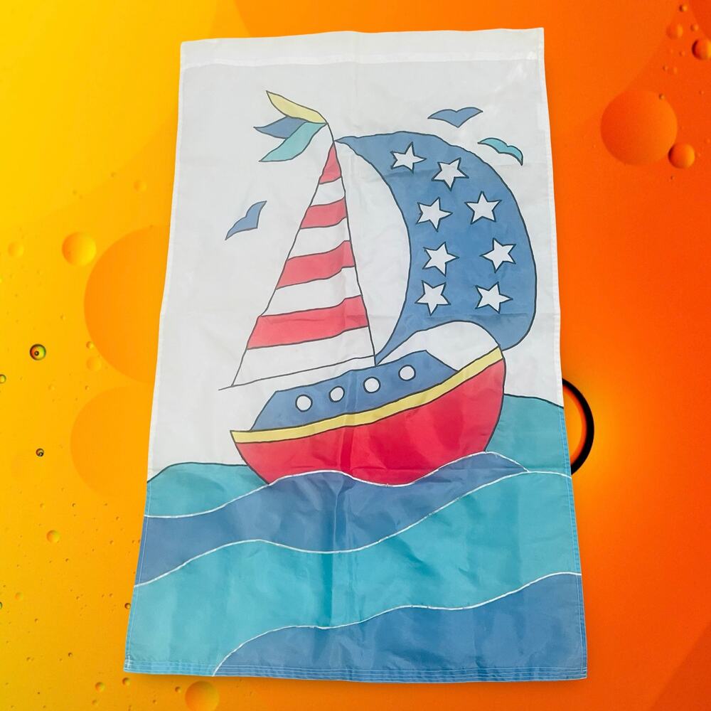 Sail Boat Yard Flag Outdoor Decor 1998 Ocean Blue Red Water 29 x 48" Vintage